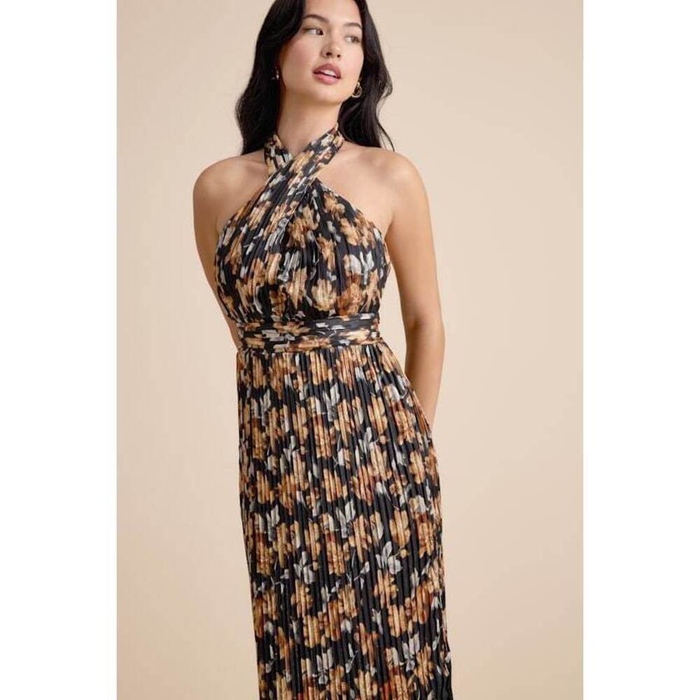 Lulus Gardena Black Floral Pleated Cross-front Halter Midi Dress - Size L